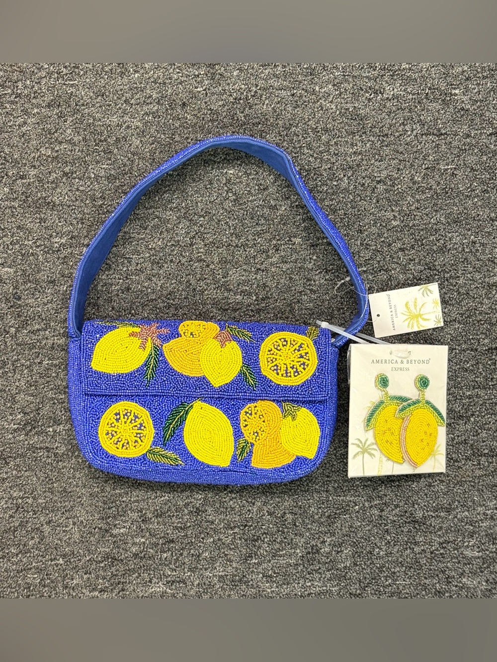 America & Beyond Lemon Beaded Shoulder Bag w/ Beaded Earrings- Yellow & Blue